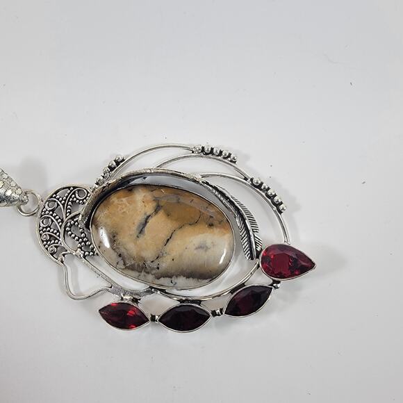 Handmade Silver Pendant – Picture Jasper & Garnet + 20" Silver Snake Chain - Picture 4 of 10